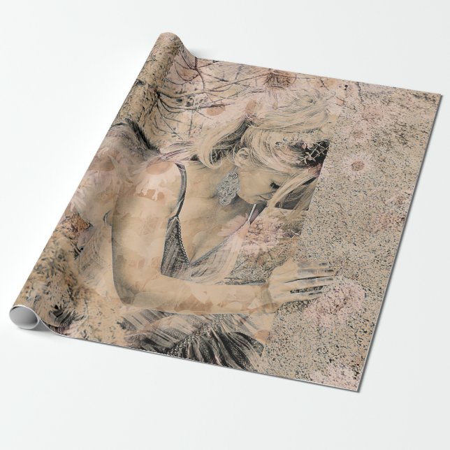Papel De Presente Angel Elegant Boho Floral Sepia Antiquado (Desenrolado)