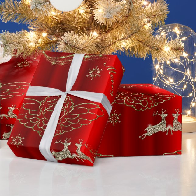 Papel De Presente Ângulos festivos de Ouro e aspersão de Red Xmas (Feriados)