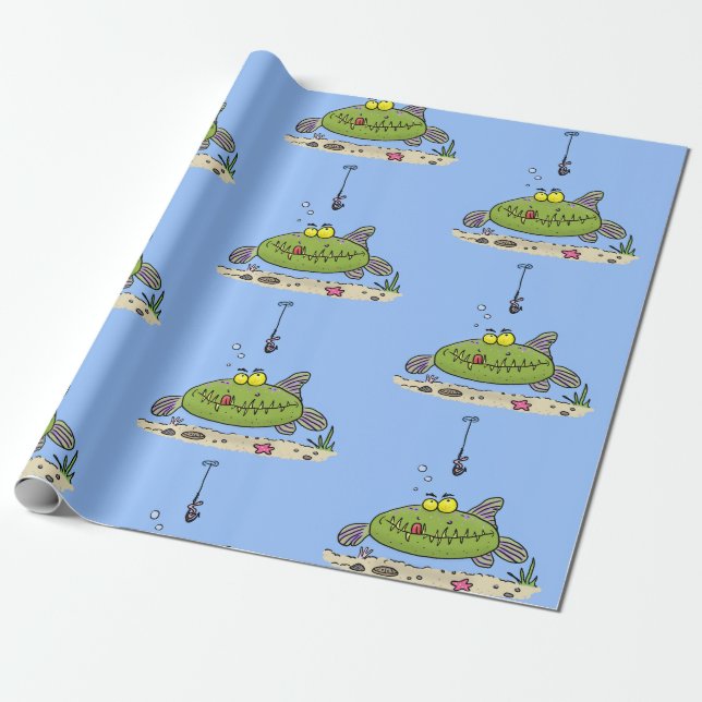 Papel De Presente Animação de peixe verde esfomeado e gordo (Desenrolado)