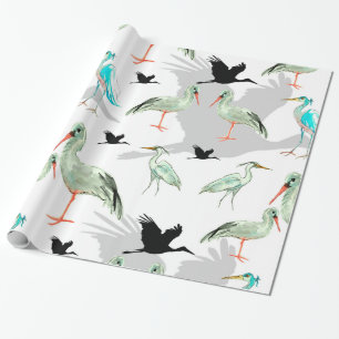 Papel De Presente Animais Aquarelas - Herão, pássaros, Azul, Egret