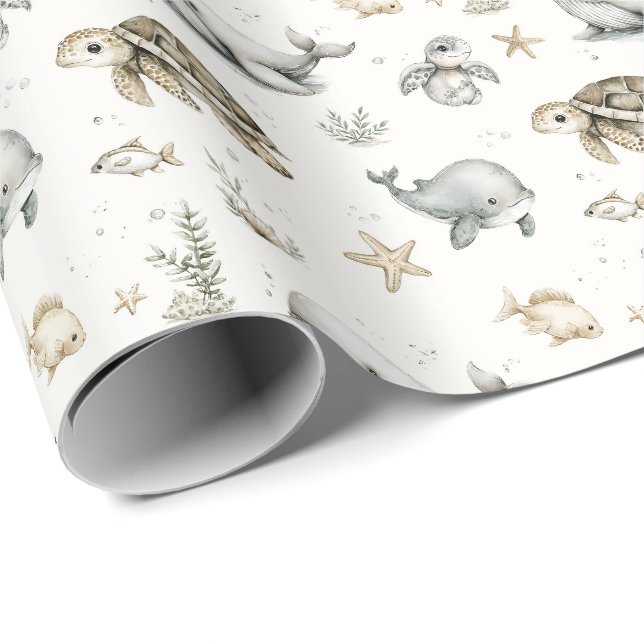 Papel De Presente Animais Bebês do Oceano em Aquarela Fofa (Ponta do rolo)