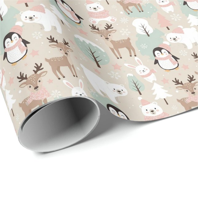 Papel De Presente Animais da Floresta Caprichosa de Inverno (Ponta do rolo)