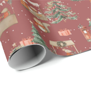 Papel De Presente Animais da floresta celebrando o Natal - âmbar