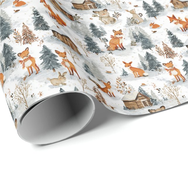 Papel De Presente Animais da Floresta e Cabines Rústicas na Neve (Ponta do rolo)