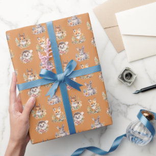 Papel De Presente Animais da Floresta em Laranja Jasper
