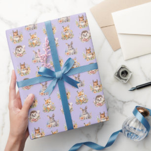 Papel De Presente Animais da Floresta em Púrpura Leve