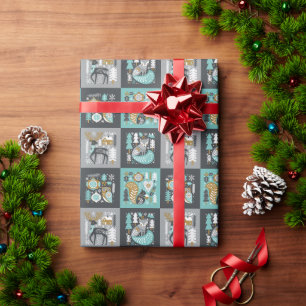 Papel De Presente Animais da Floresta Flocos de Neve Natal Escandina