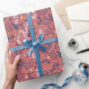 Papel De Presente Animais da Floresta Fofa em Coral Vermelho – Natal