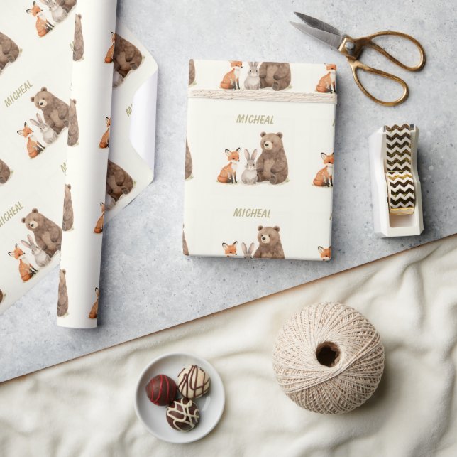 Papel De Presente Animais da floresta monograma  (Artesanato)