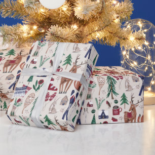 Papel De Presente Animais da floresta padrão de natal de esqui nórdi