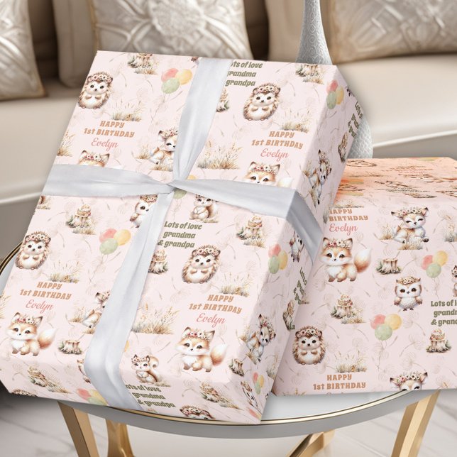 Papel De Presente Animais da Floresta Pastel Menina Aniversário (Woodland Animals Pastel Girl 1st or any Birthday custom Name Wrapping Paper)