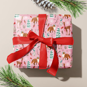 Papel De Presente Animais da Floresta Rosa Fofa Natal Feriado