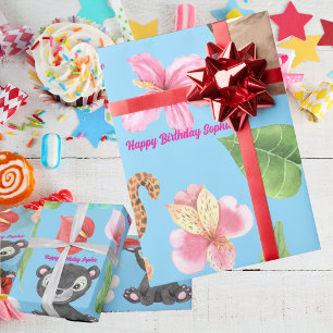 Papel De Presente Animais da Selva Safari Feliz Aniversário Nome