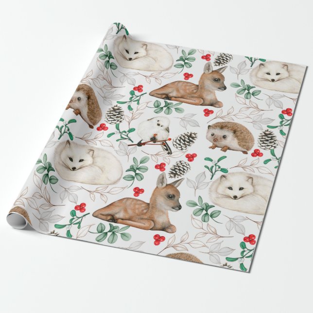Papel De Presente Animais das florestas de Natal com aquarelas, Pine (Desenrolado)