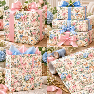 Papel De Presente Animais de Bebê Vintage Toile Azul Rosa Sage