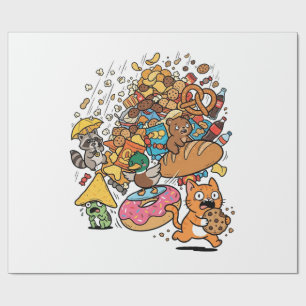 Papel De Presente Animais de desenho animado com lanches caindo isol