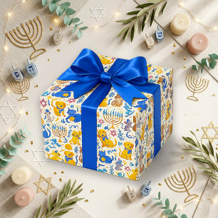 Papel De Presente Animais de Estimação Azul Dourado Fofos Hanukkah