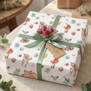 Papel De Presente Animais de Festa Floresta em Aquarela Fofos