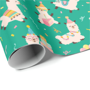 Papel De Presente Animais de Festa Llama Festa de Aniversário Verde