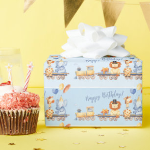 Papel De Presente Animais de festa no trem Criança Selva Feliz Anive