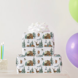 Papel De Presente Animais de Inverno Bonitos ao Redor de uma Cabana