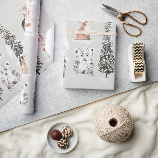 Papel De Presente Animais de Inverno Cinza Chá de Bebê (Artesanato)