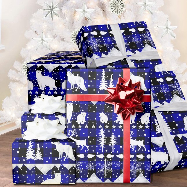 Papel De Presente Animais de inverno da Xadrez de búfalo azul-nórdic (Nordic Sweater Blue Black Buffalo Plaid White Winter Animals Christmas Holiday Wrapping Paper Rolls)