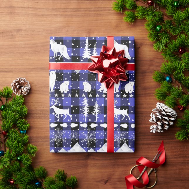 Papel De Presente Animais de inverno da Xadrez de búfalo com roxa-do (Presente de Natal)