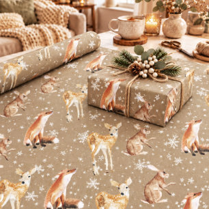 Papel De Presente Animais de Inverno Elegantes Kraft Rústico em Gran