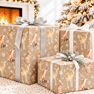 Papel De Presente Animais de Inverno Elegantes Kraft Rústico em Gran