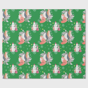 Papel De Presente Animais de Natal, Crianças e Boneco de Neve Verde