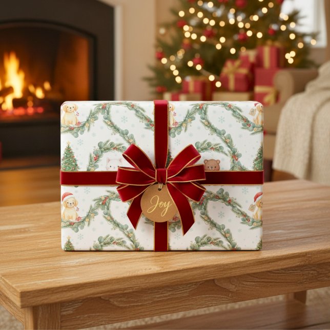 Papel De Presente Animais de Natal da Floresta Caprichosa  (Whimsical Woodland Christmas Animals Wrapping Paper)
