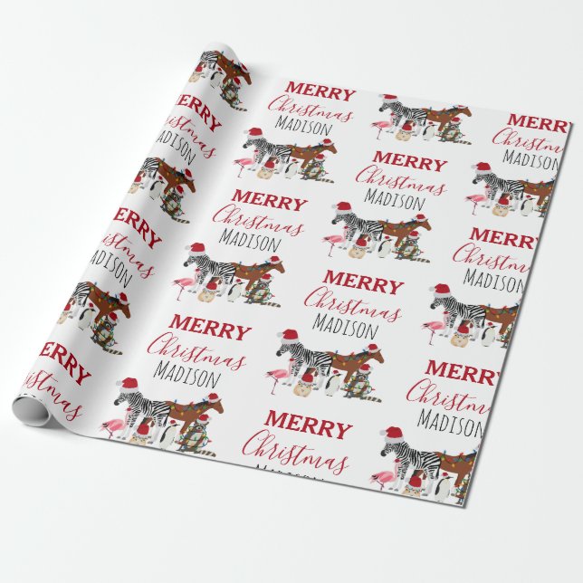 Papel De Presente Animais de Natal Engraçados e Personalizados Luzes (Desenrolado)