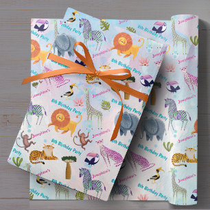 Papel De Presente Animais de safari aniversário menina aquarela pers