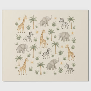 Papel De Presente Animais de Safari Neutro para Chá de Bebê Berçário