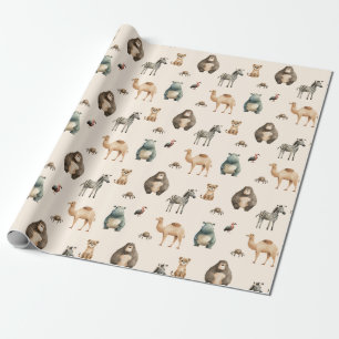 Papel De Presente Animais de Safari Zebra Leão Camelo Hipopótamo