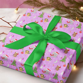 Papel De Presente Animais de Zoológico Bebês Celebrando o Natal Rosa