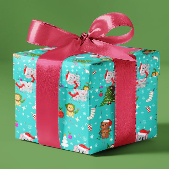 Papel De Presente Animais de Zoológico de Natal em Azul Cobalto (Criador carregado)