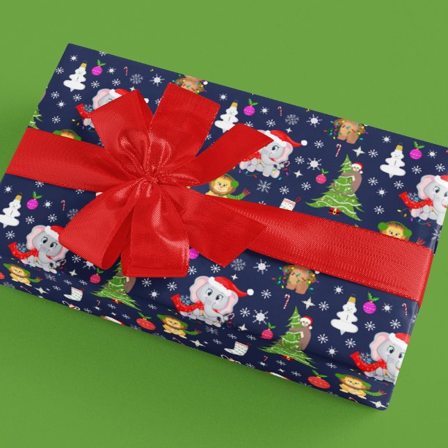 Papel De Presente Animais de Zoológico de Natal em Azul Marinho (Criador carregado)