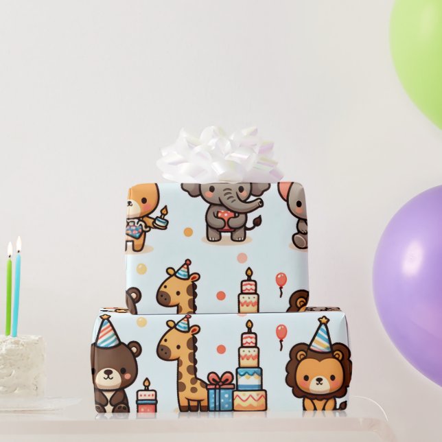 Papel De Presente Animais do Estilo Chibi em Chapéus de Aniversário (Presentes para festas)