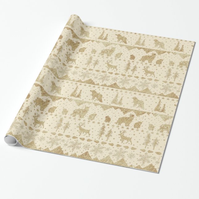 Papel De Presente Animais Dourados de inverno de Beige Sueco Nórdico (Desenrolado)
