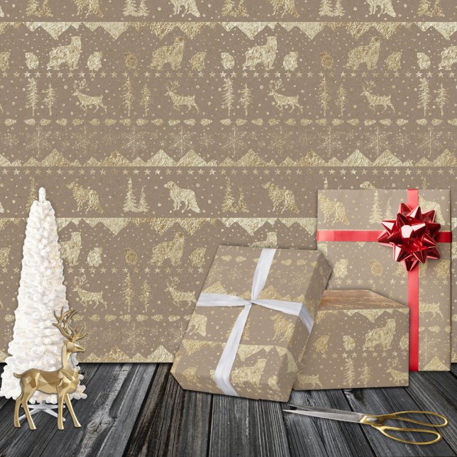 Papel De Presente Animais Dourados de inverno russos Kraft nórdicos (Rustic Kraft Nordic Sweater Gold Winter Animals Christmas Holiday Gift Wrapping Paper Sheets Trio)