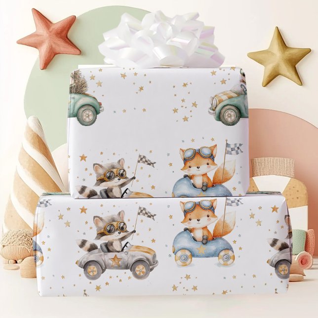 Papel De Presente Animais Engraçados Race Carros segundo aniversário (Criador carregado)