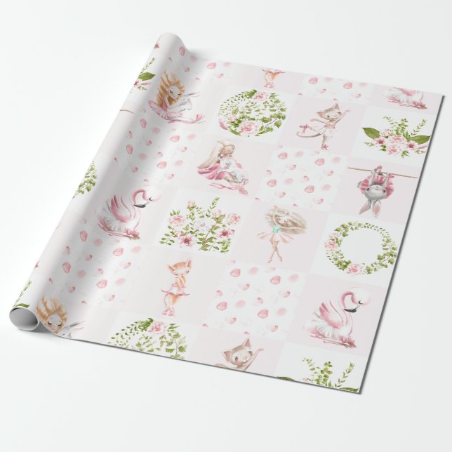 Papel De Presente Animais Florais Bebês Rosa Quilotam Padrão De Enfe (Desenrolado)