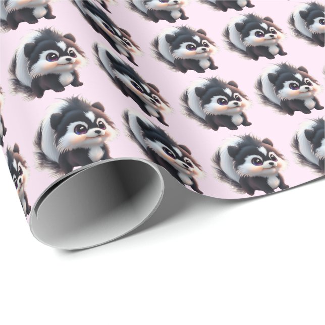 Papel De Presente Animais florestais de gambá fofos amigos da flores (Ponta do rolo)