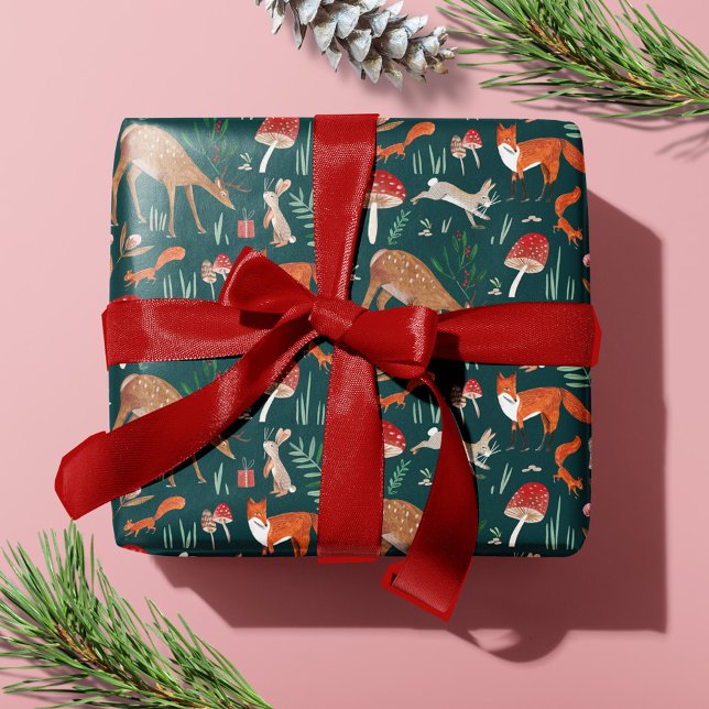 Papel De Presente Animais Fofos da Floresta Natal Verde (Cute Woodland Animals Green Christmas Forest Wrapping Paper)