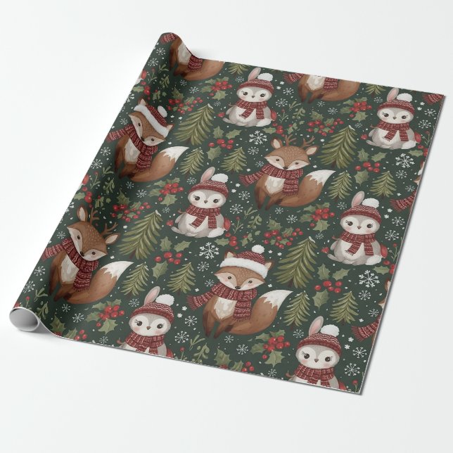 Papel De Presente Animais Fofos da Floresta Padrão de Inverno (Desenrolado)