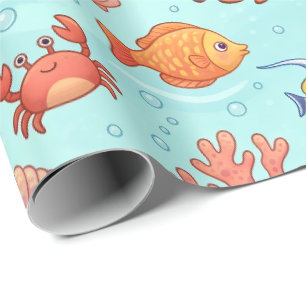 Papel De Presente Animais Fofos do Oceano Padrão Sem Costura