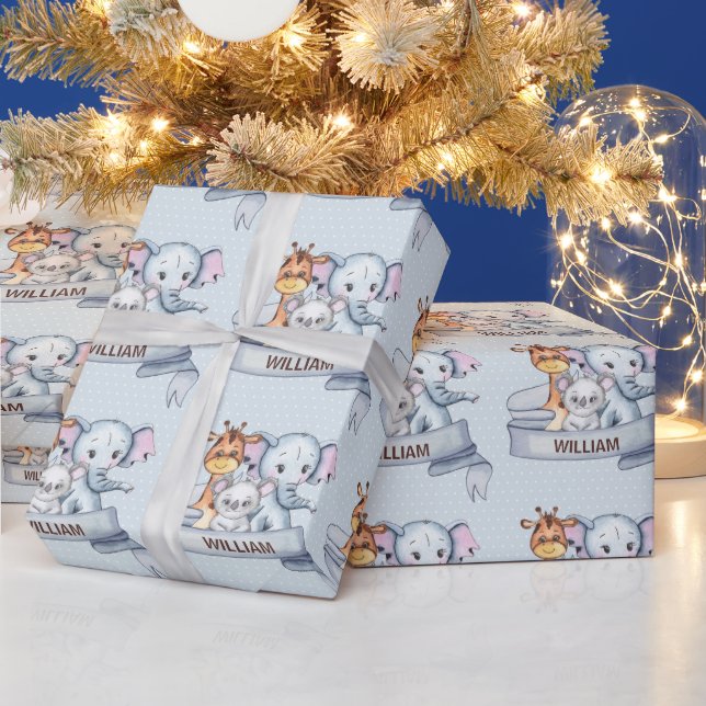 Papel De Presente Animais Fofos Elefante Girafa Coala Azul Personali (Feriados)