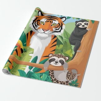 Papel De Presente Animais Fofos Infantil Selva Tigre Macaco Decoupag